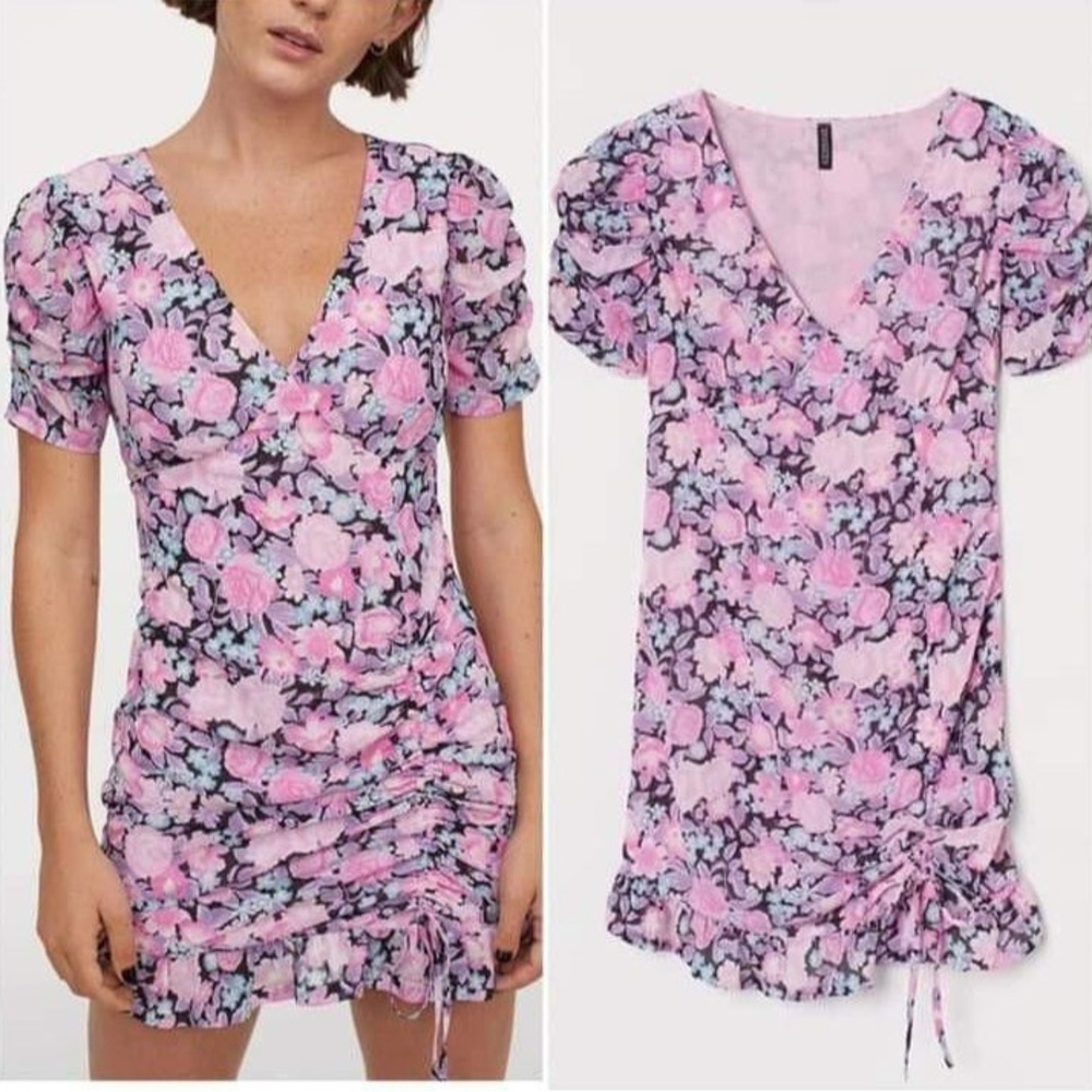 H&M Divided Ruched Floral Mini Dress Puff Sleeve Romantic Coquette Dress